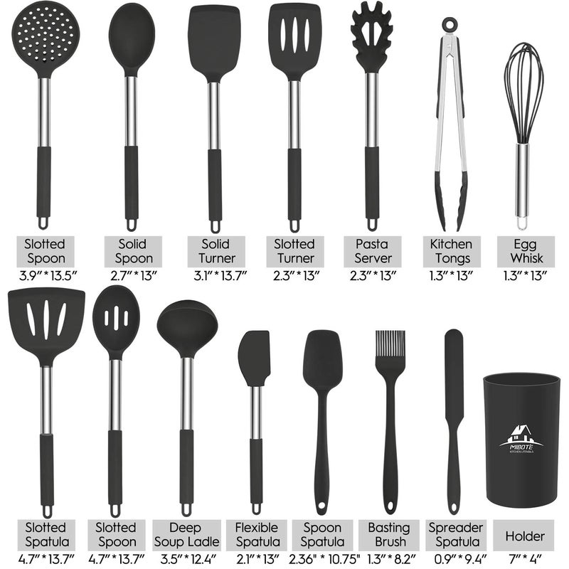 MIBOTE Silicone Kitchen Utensils Set, Cooking Utensils Set with Heat Resistant BPA-Free Silicone and Stainless Steel Handle Kitchen Tools Set (Black) - Image 2